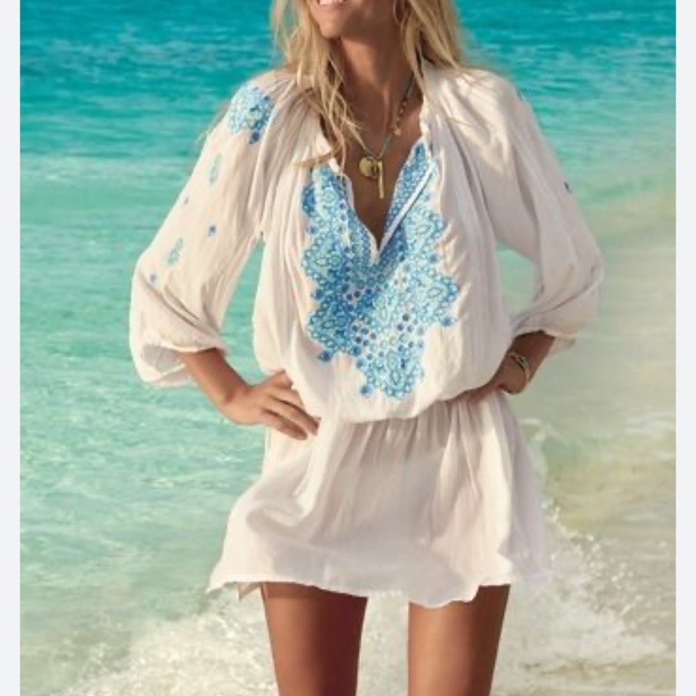 🌊 Melissa Odabash White & Teal Embroidered Beach Dress / Cover-Up 🌊